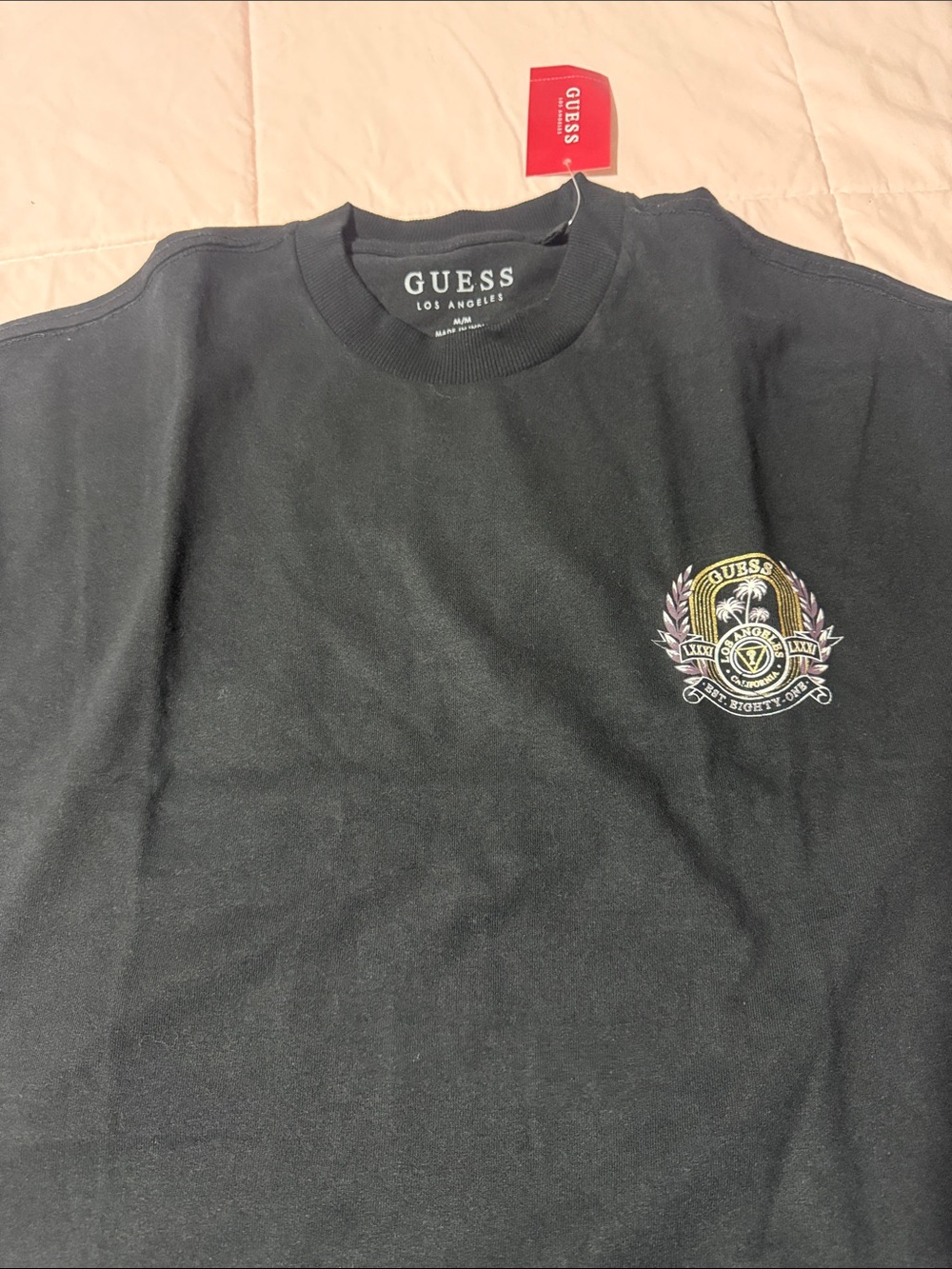 Guess Black Crewneck Sweatshirt with Gold Crest Emblem